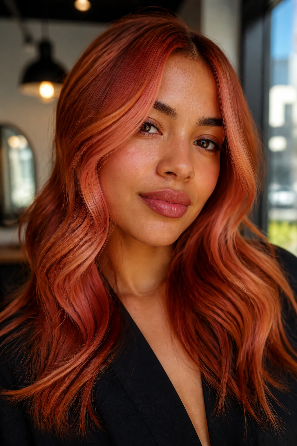 Portrait of a woman with strawberry hair showing brighter front pieces.