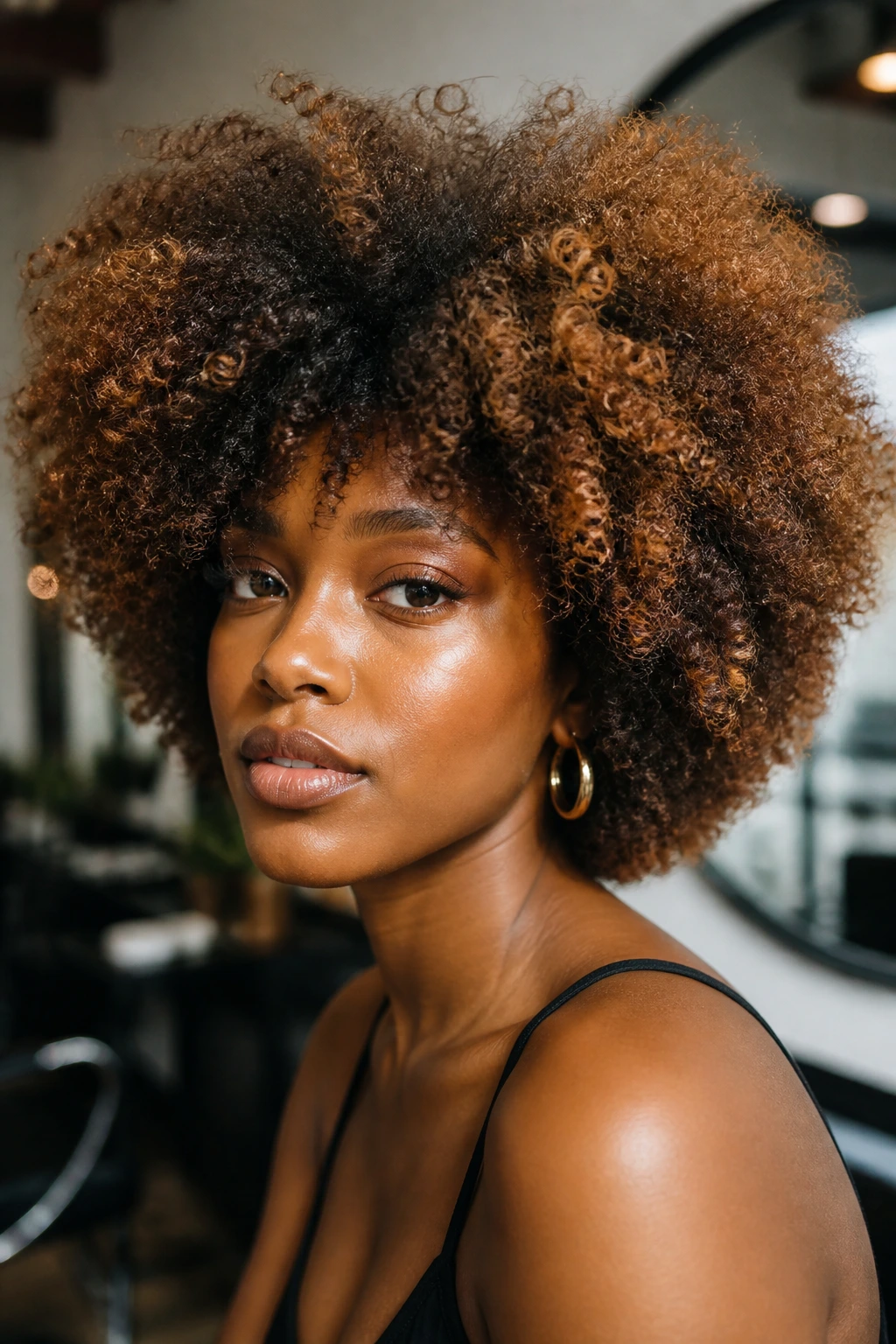 Close-up of a person with a voluminous Afro featuring strawberry honey highlights on the crown.