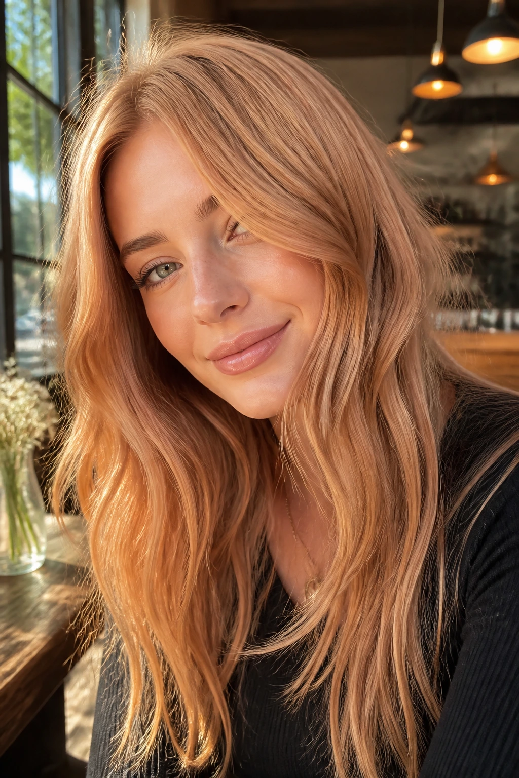 Strawberry honey blonde hair on real woman with soft strawberry glaze
