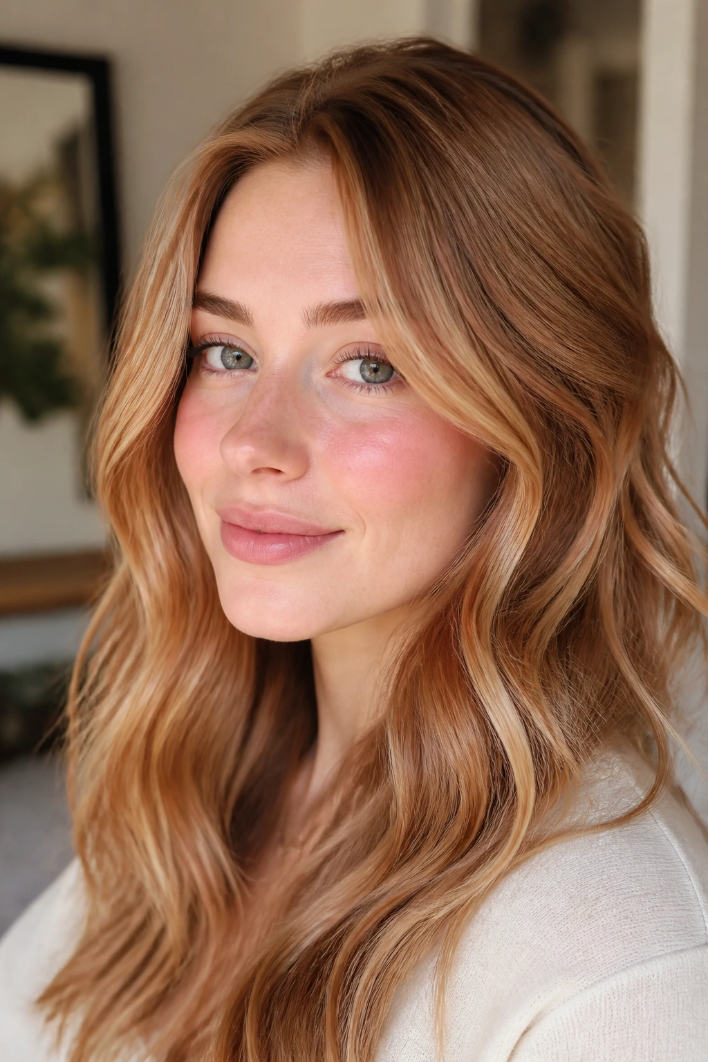 Close-up of a real woman with strawberry-honey hair and rosy skin