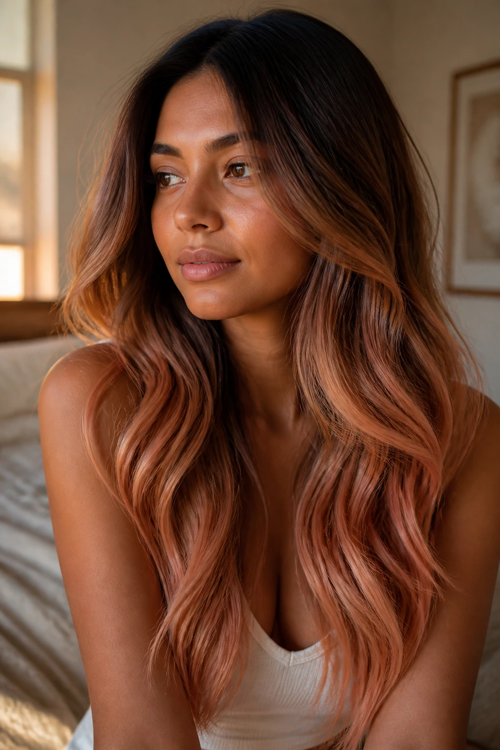 Close-up of real woman with root-to-tip strawberry melt hair gradient on tan skin