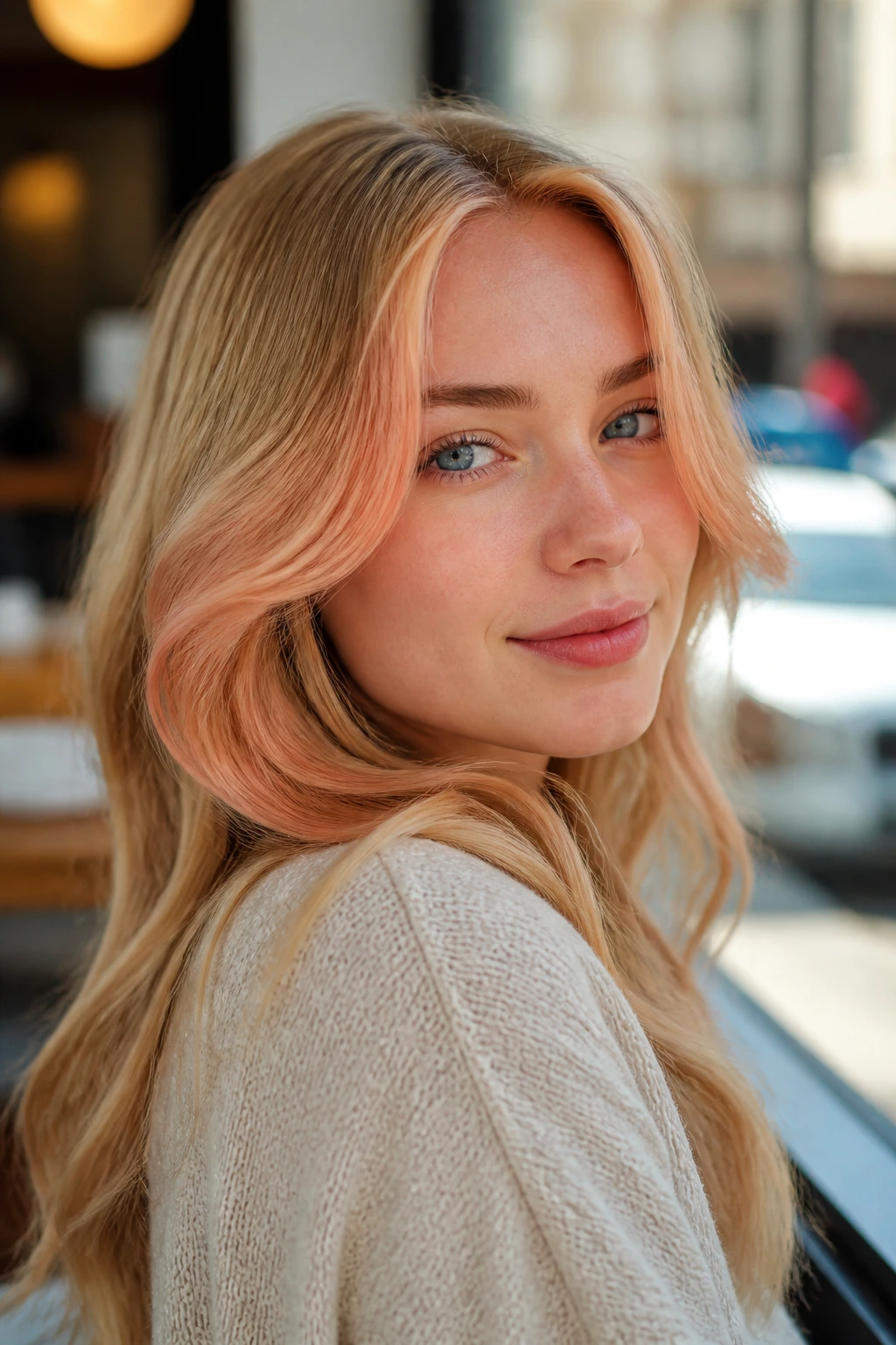 Close-up portrait of a woman with a strawberry money piece highlighted at the front against beige-gold hair in warm cafe light