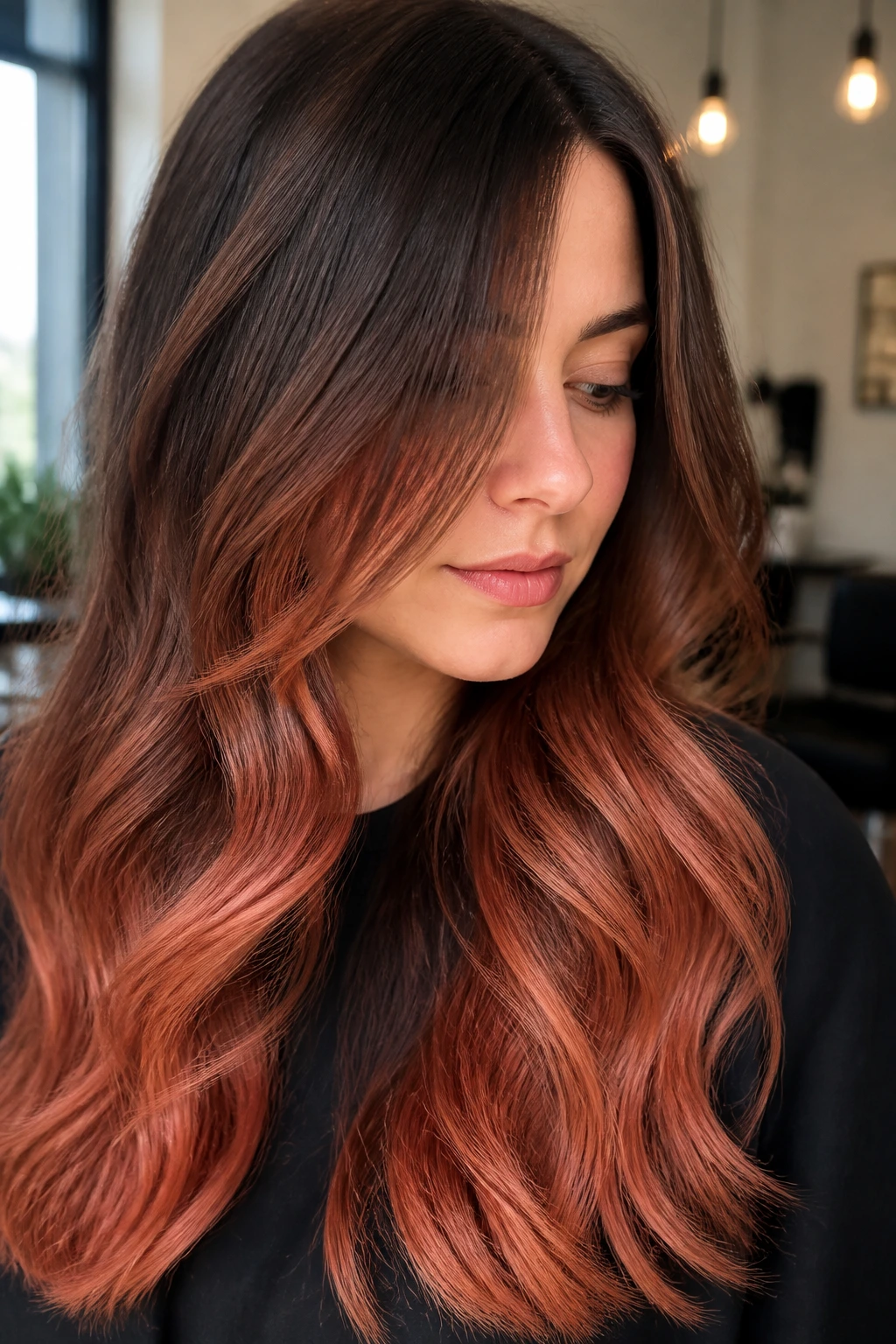 Close-up of brunette hair with strawberry ombré ends in warm window light