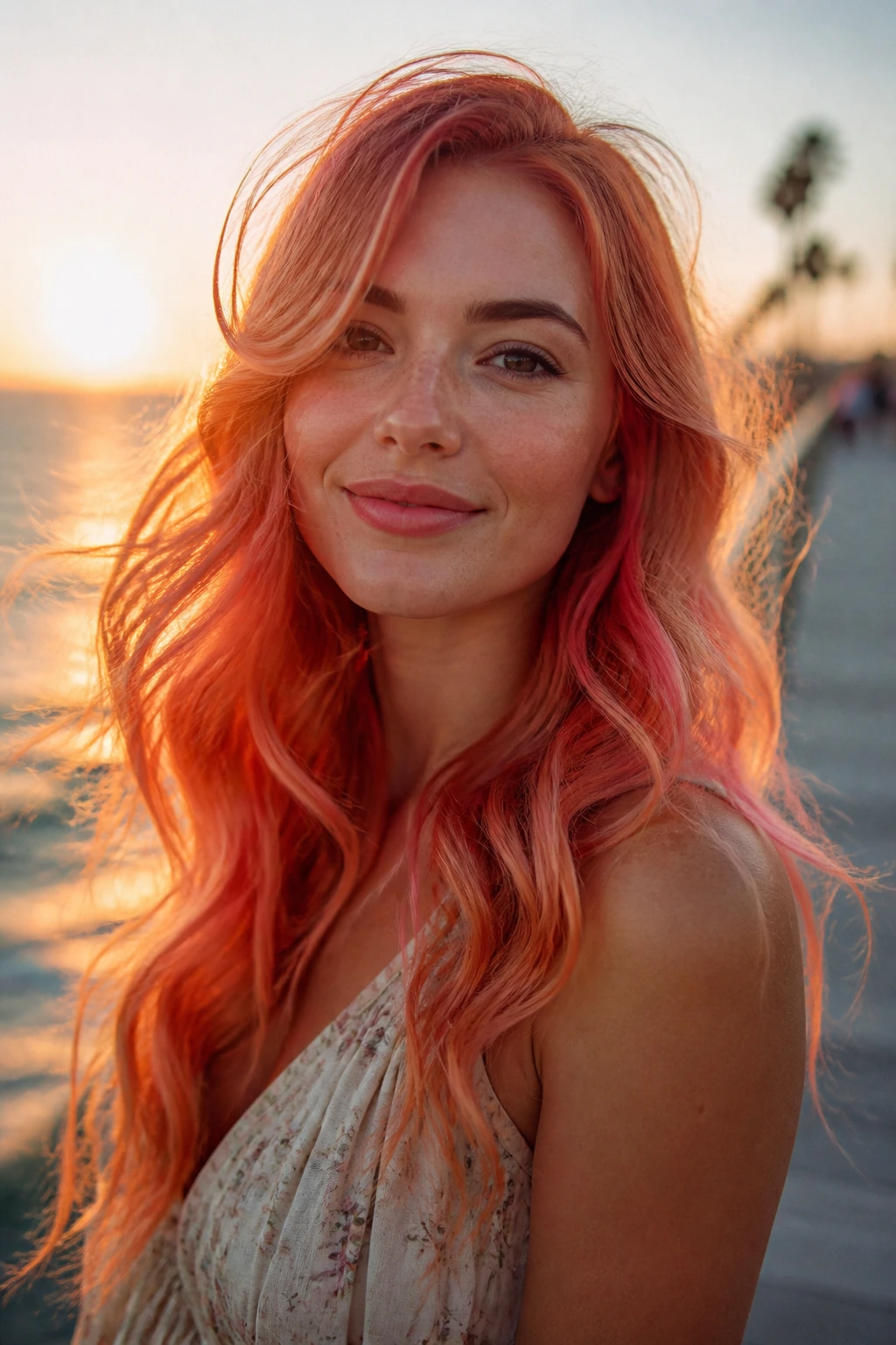 Portrait of a real woman with strawberry papaya waves on a seaside boardwalk at sunset