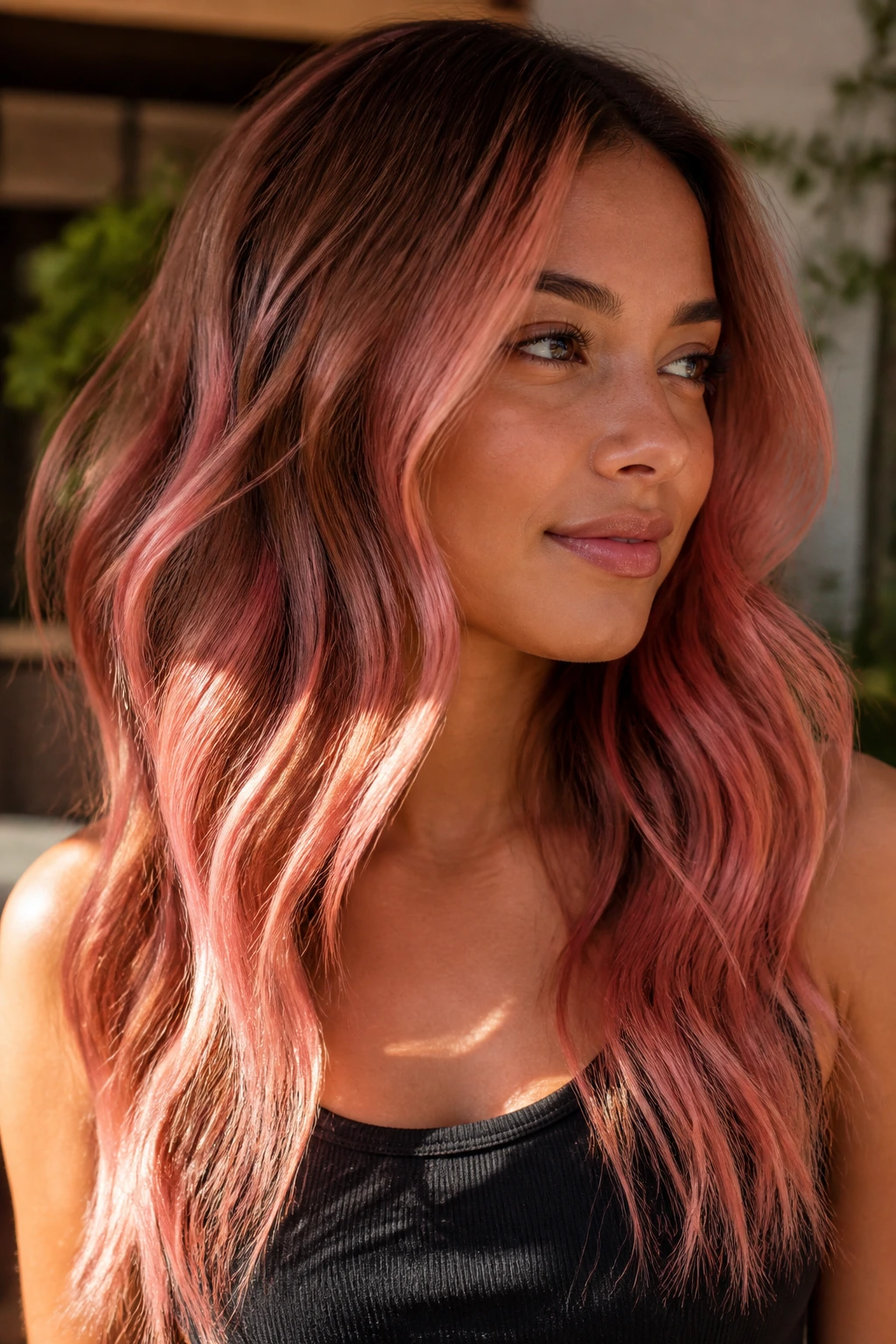 Close-up of a brunette with strawberry pink balayage touching mid-lengths, natural light