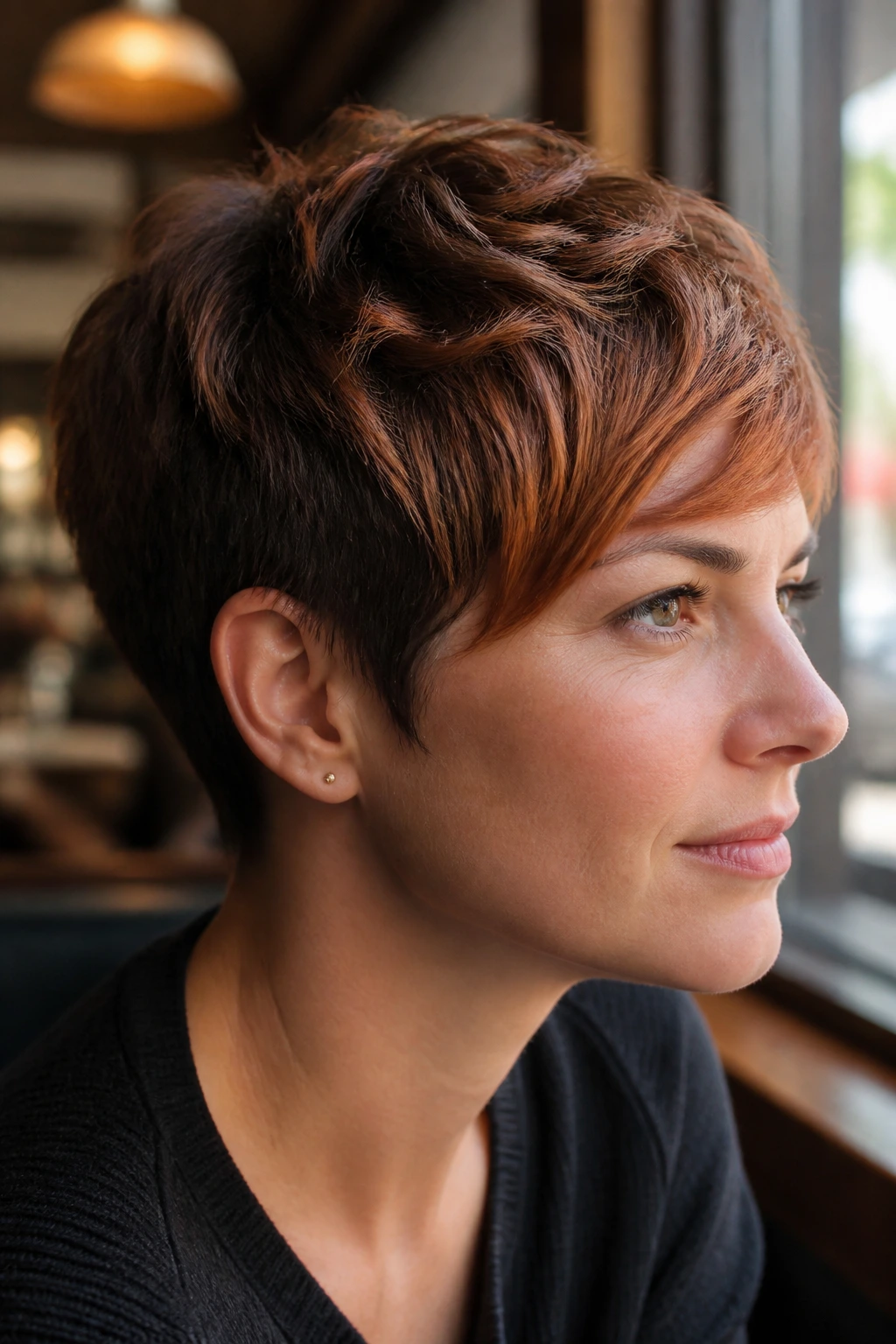Real woman with soft strawberry pixie highlights in a close-up portrait.