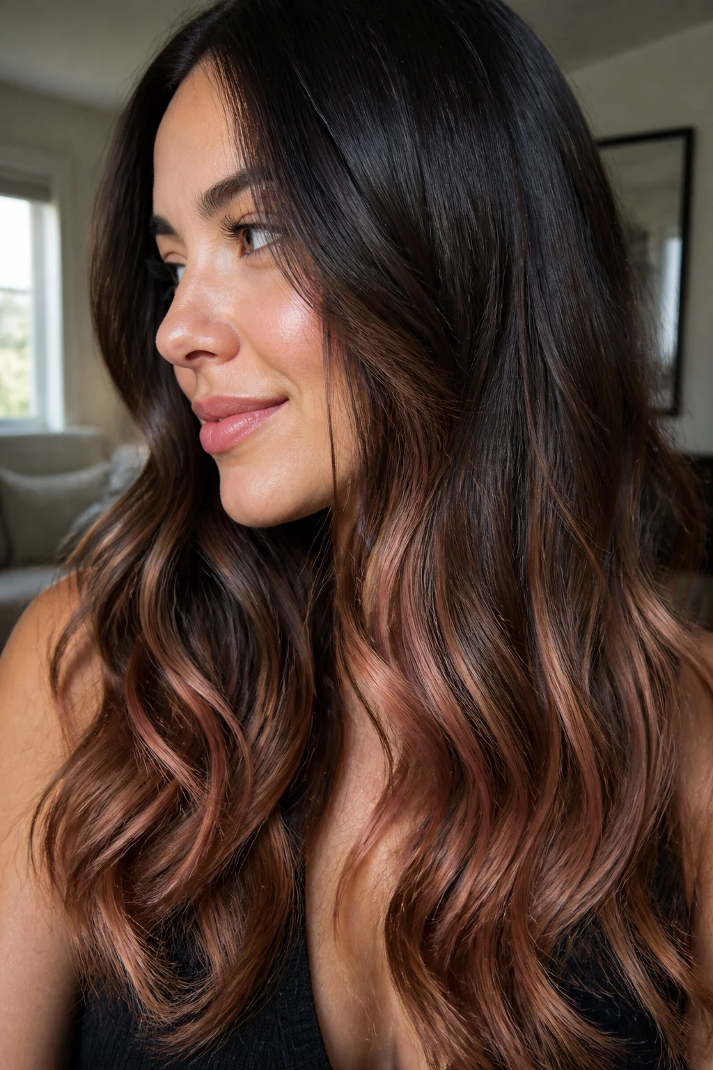 Real woman close-up showing glossy strawberry ribbon ends on dark hair.