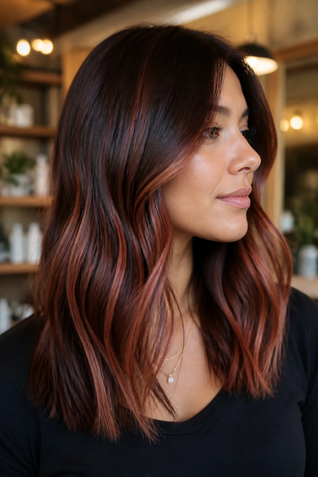 Close-up of brunette hair with cinnamon strawberry ribbons woven through mid-lengths on a real person