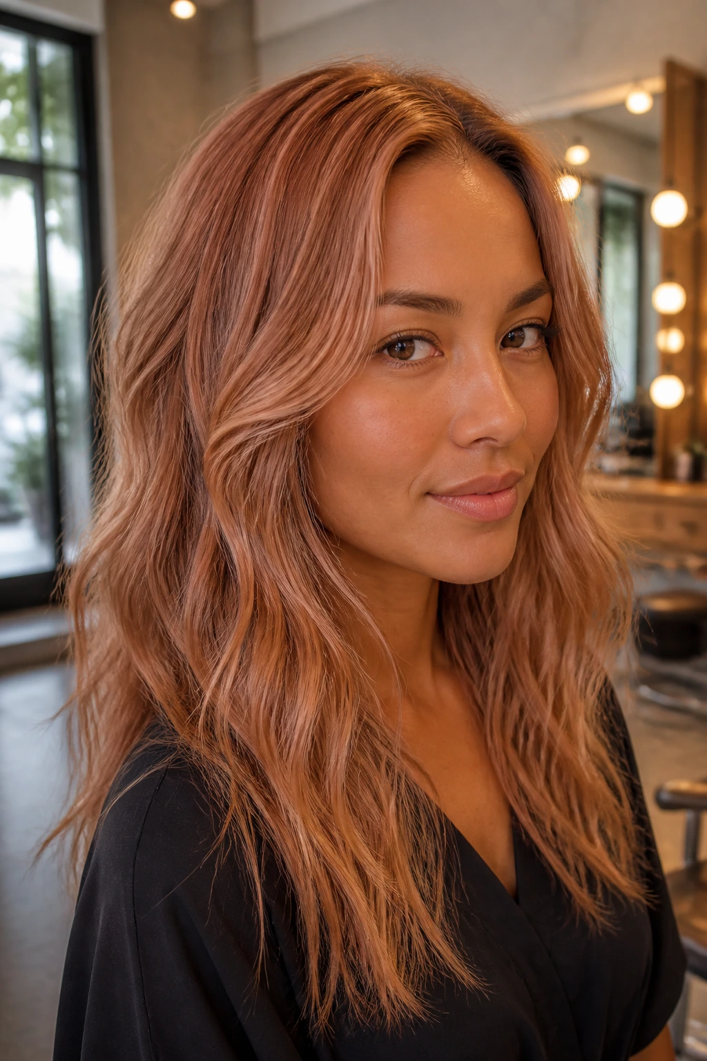 Portrait of a person with beige-copper strawberry shade on olive tan skin.