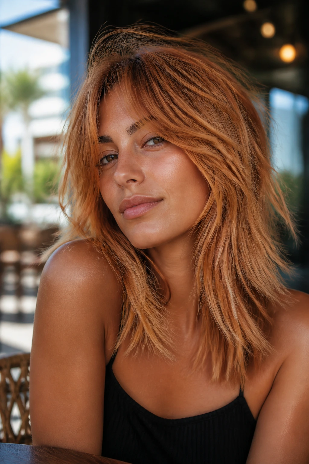 Strawberry shag hairstyle with copper highlights on tan skin in an outdoor cafe setting