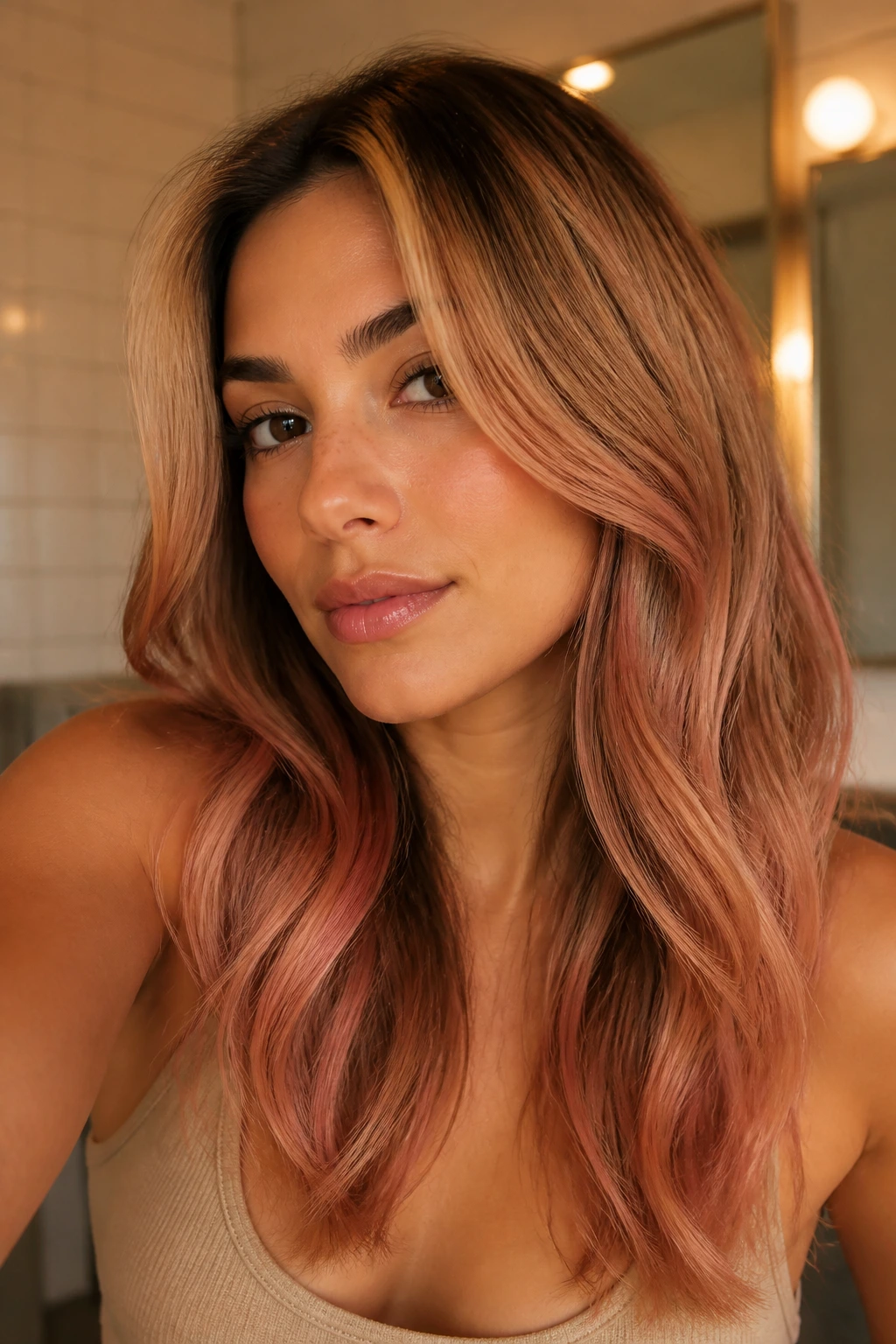 Portrait of woman with strawberry lowlights blended through blonde
