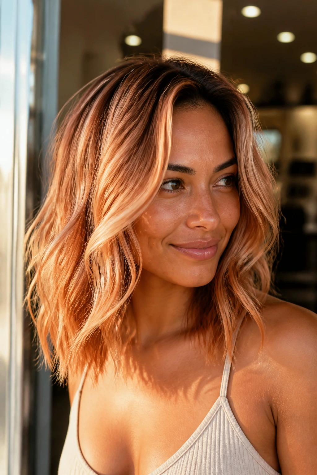 Close-up of shoulder-length hair with sun-kissed strawberry swirl highlights on tan skin.