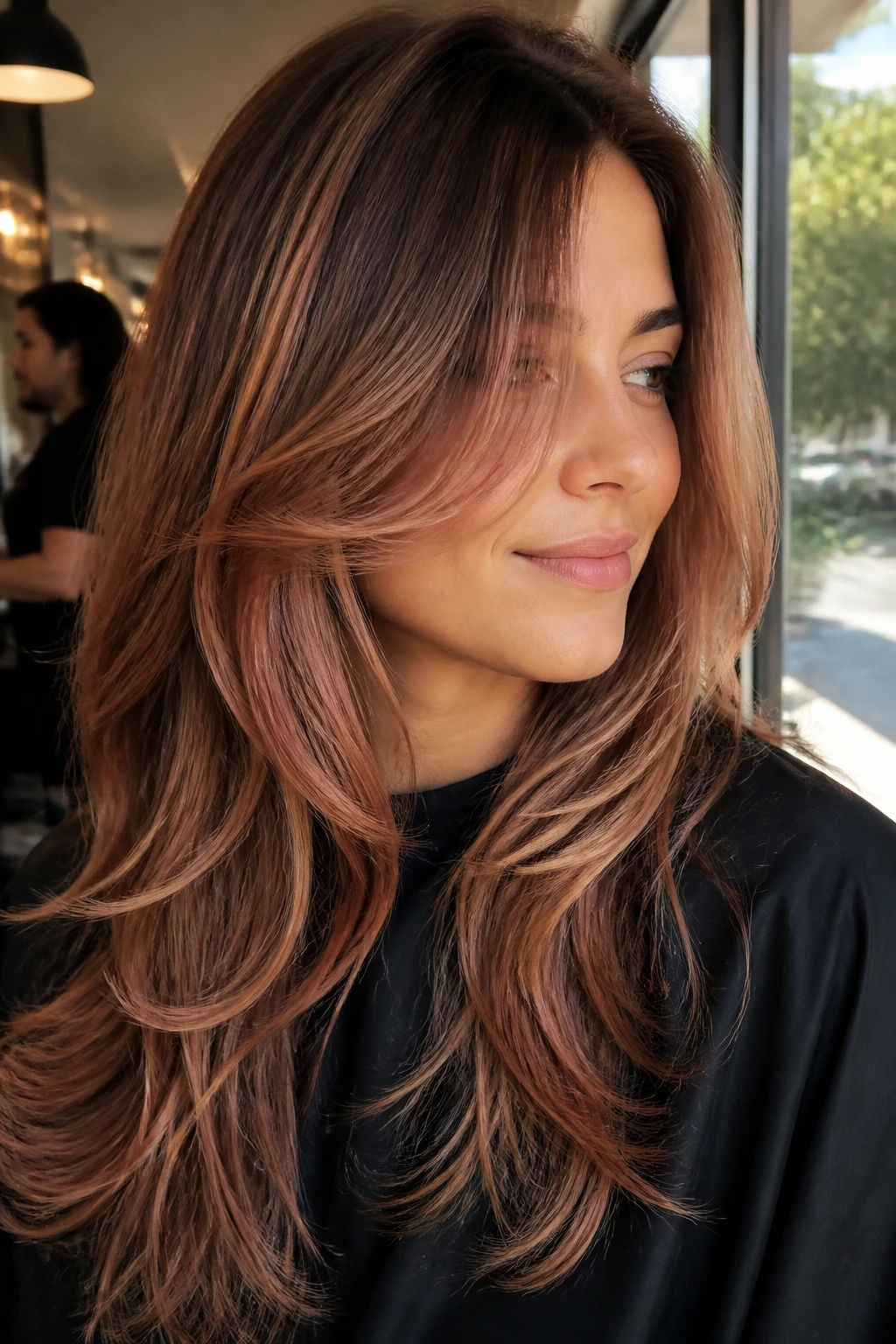 Brunette with layered strawberry tones contrasting with brown base.
