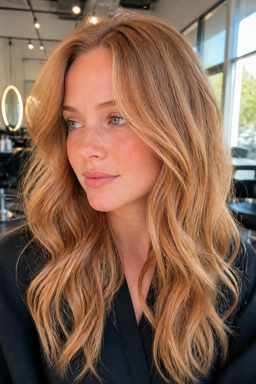Close-up of strawberry blonde hair with root melt and peach undertones in bright salon light