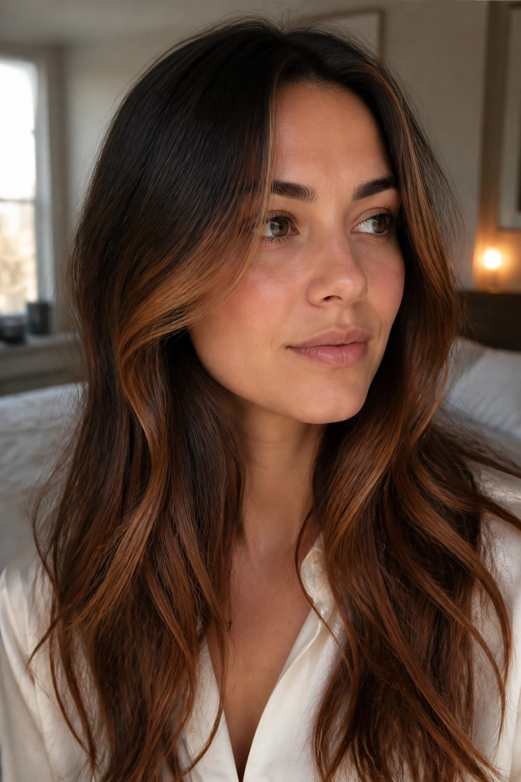 Close-up of brunette with strawberry ribbons framing face