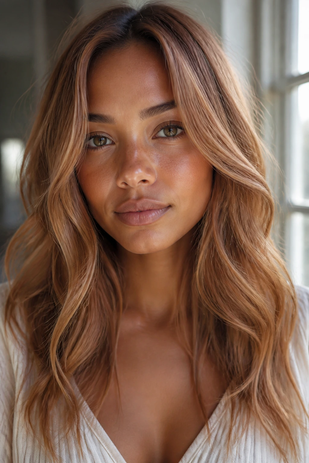 Portrait of a person with strawberry blonde hair matched to olive tan skin