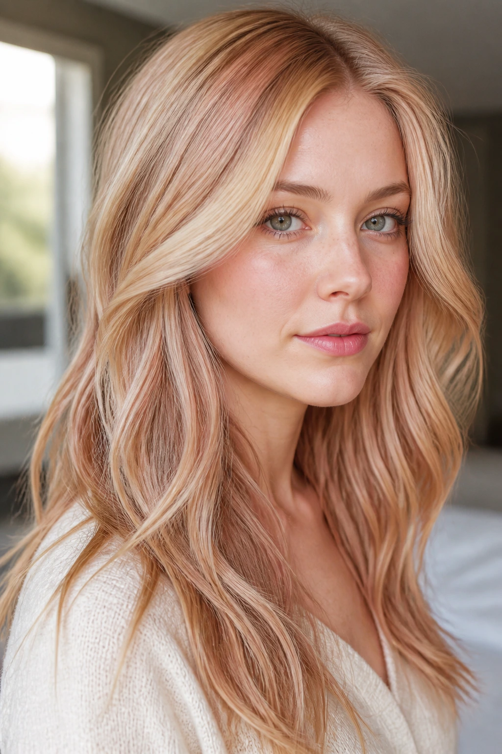 Portrait of a real woman with pale blonde hair and strawberry vanilla highlights in soft waves.