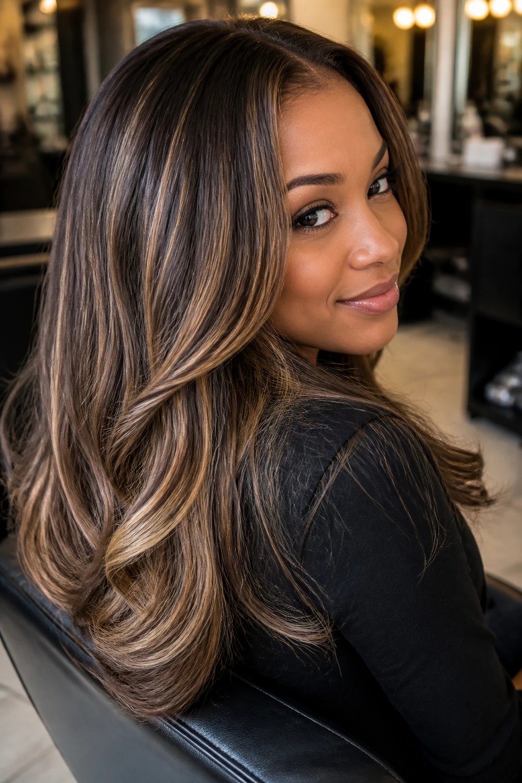 Close-up of a woman with stretched blowout and beige highlights