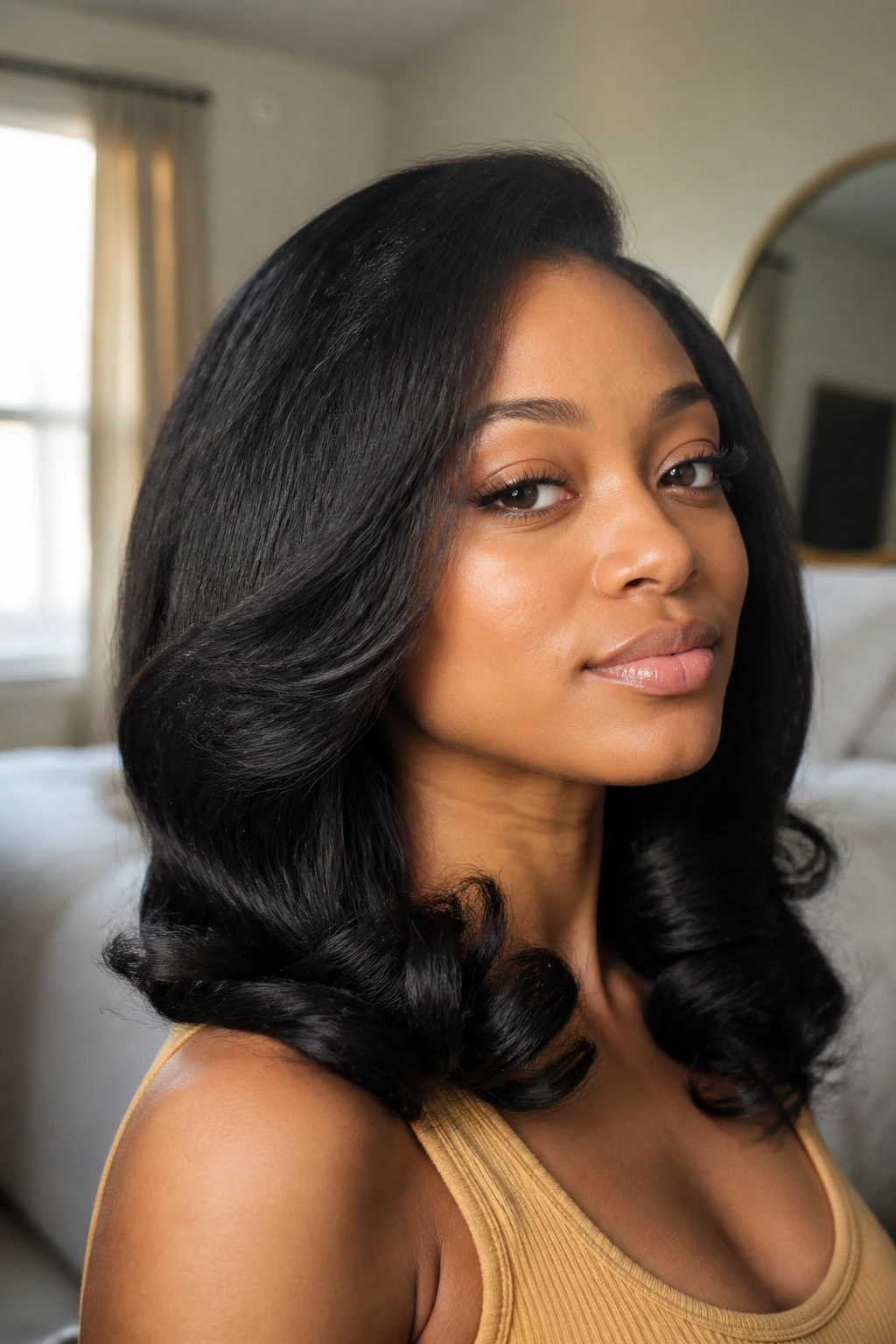 Close-up portrait of a real woman with stretched roots and bouncy ends in warm window light