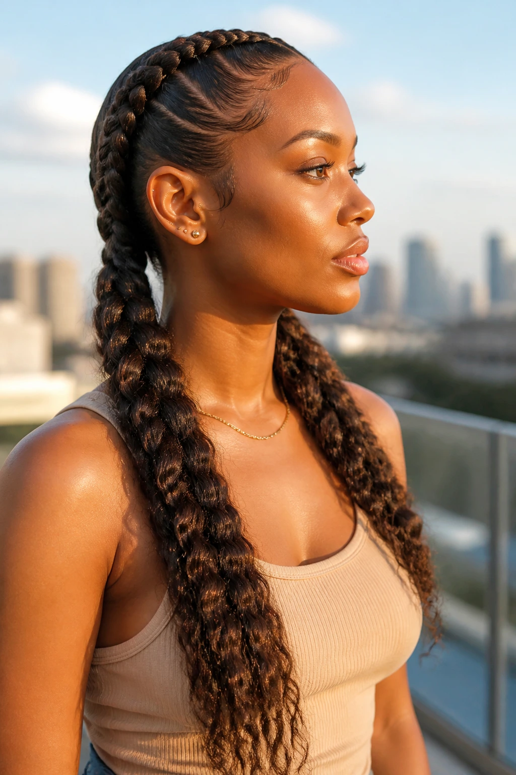 Close-up of stretched twin braids on a real person with wavy hair.