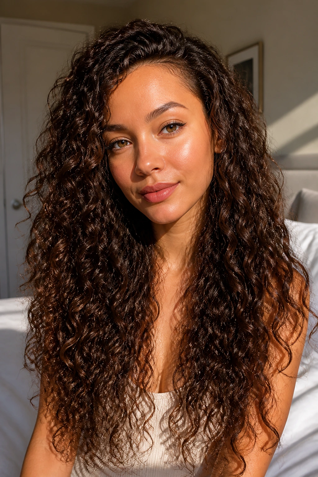 Close-up of a real woman with stretched curls showing extra length in warm window light
