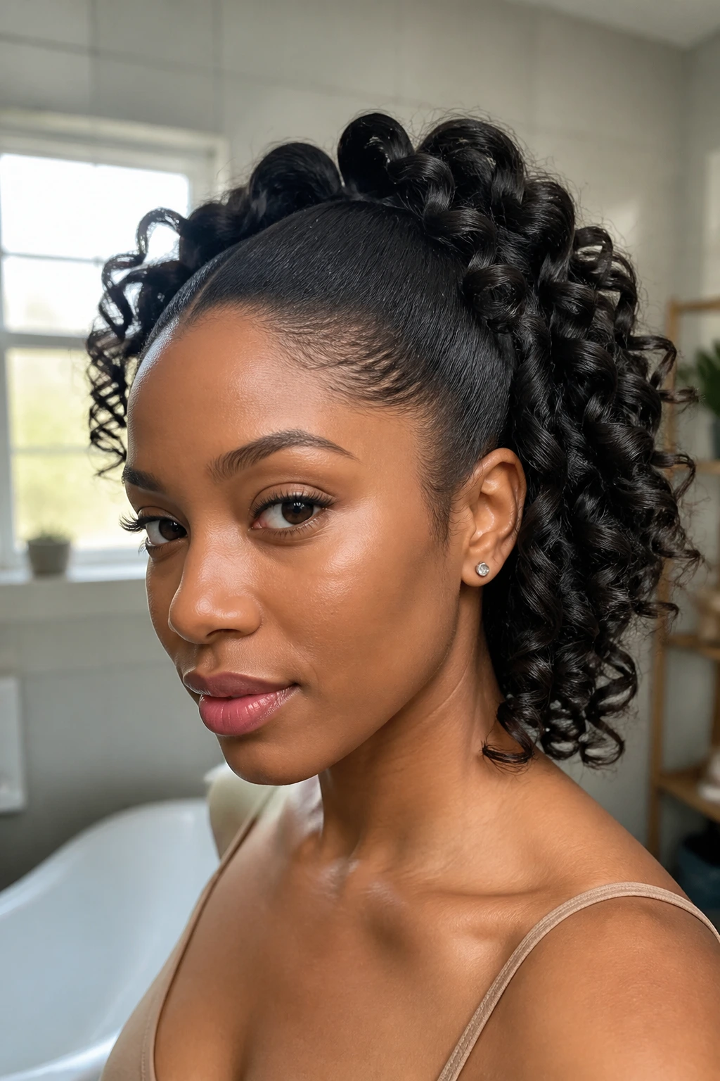 Real woman with stretched roots and coily wand curls, close-up