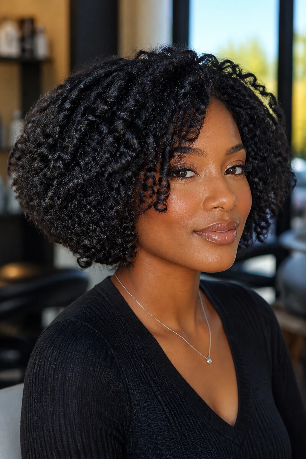 Close-up portrait of a real Black woman with stretch-revert volume bob in a bright salon