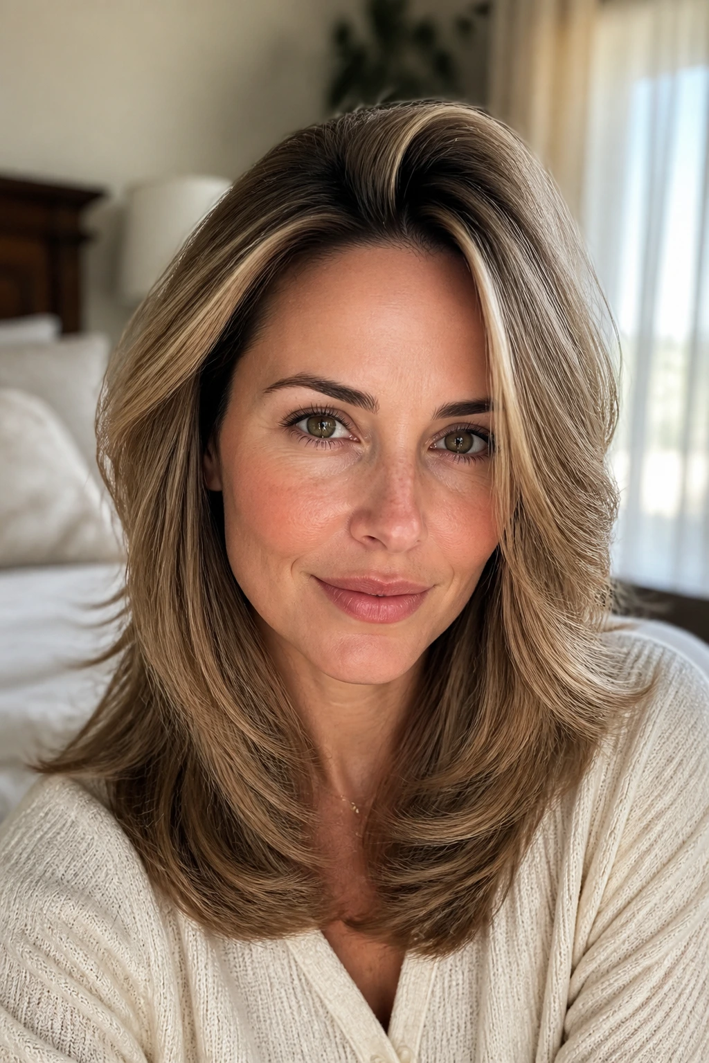Close-up of a real woman with a lifted crown blowout in a cozy bedroom