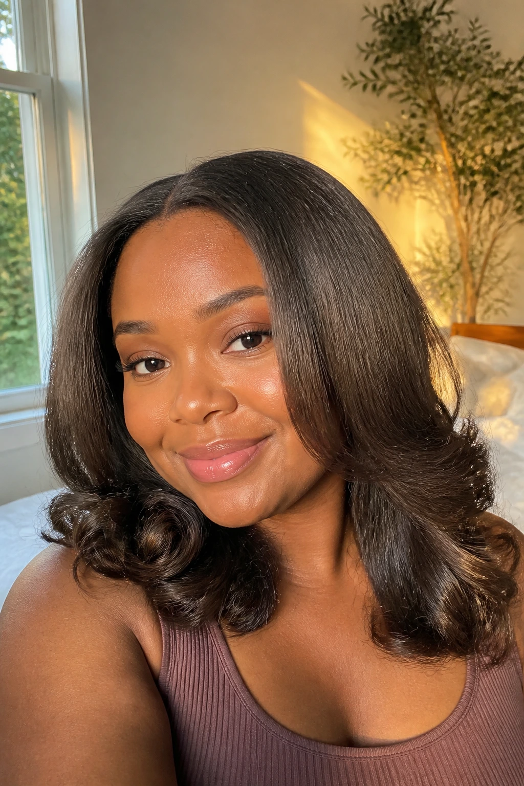 Close-up of a real woman with stretch-then-curl blowout showing length past the cheeks in sunlit room