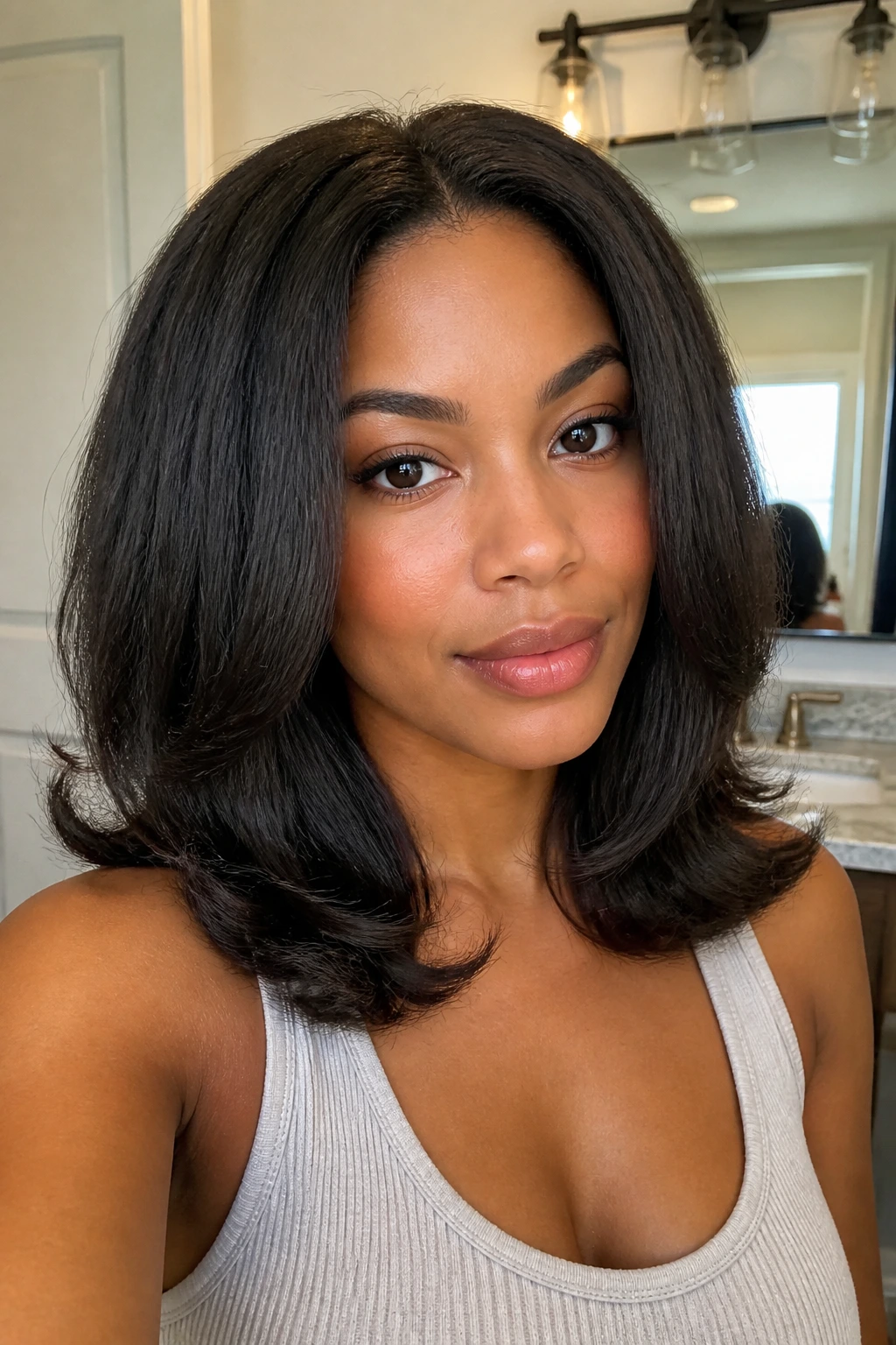 Close-up of a real woman with stretched curls and bent ends in a bright bathroom.