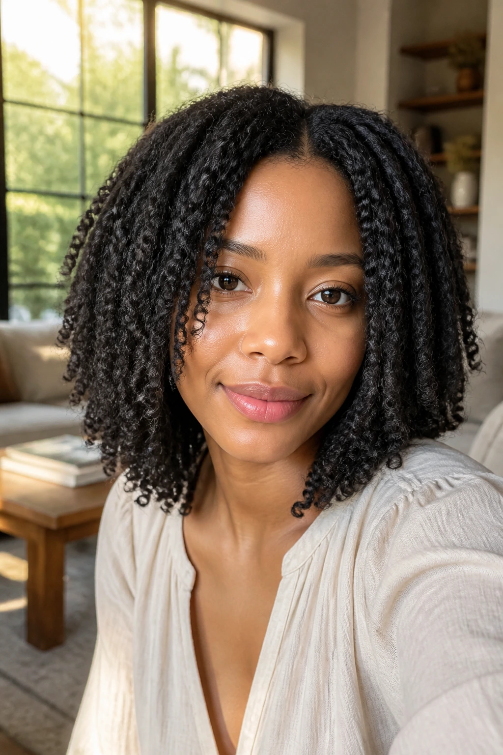 Close-up portrait of a real woman with stretched coil curls forming a shoulder-length bob