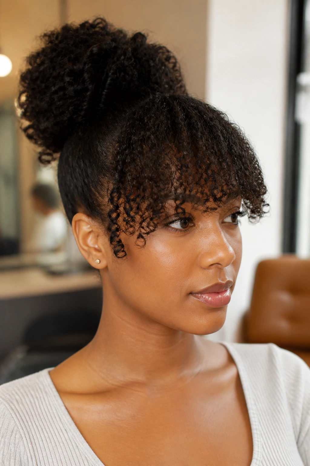 Medium close-up of a real woman with stretched curly bangs, creating fullness.