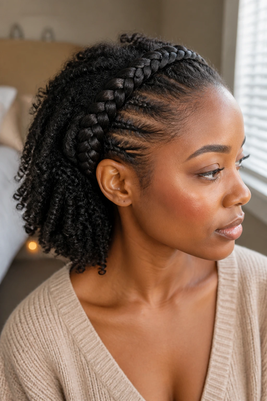 Three-quarter view of a real person with a stretched Dutch braid and twist-out