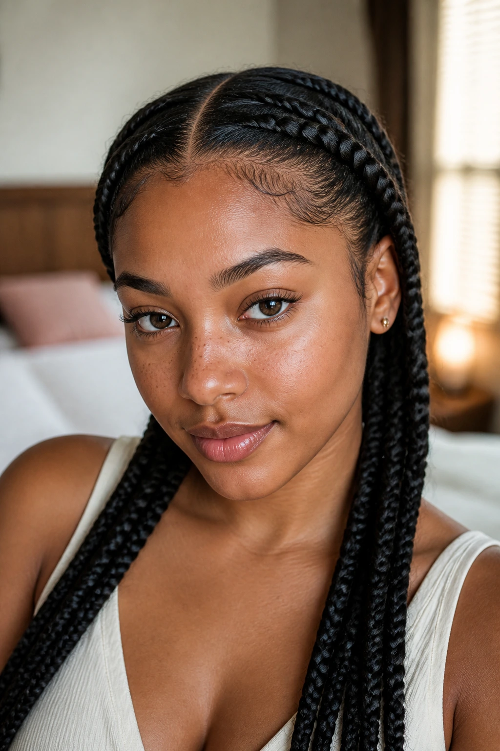 Close-up of a real woman with stretched low-tension braids in warm window light
