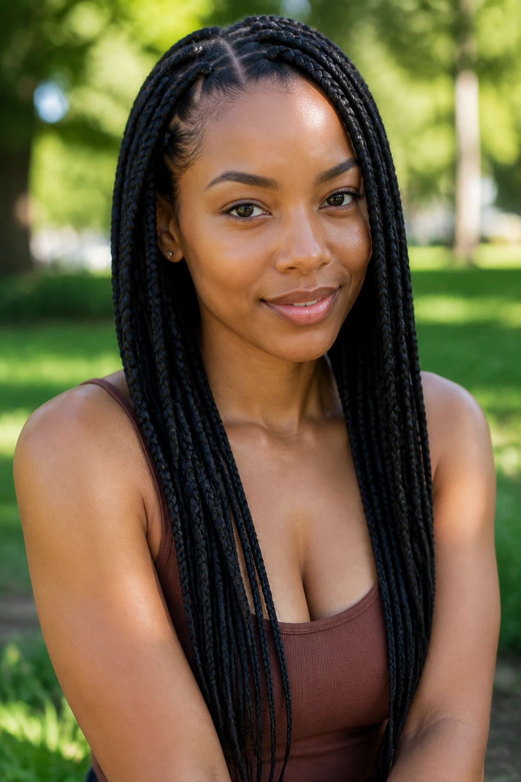 Medium close-up of a real woman with stretched natural-hair braids in sunlight