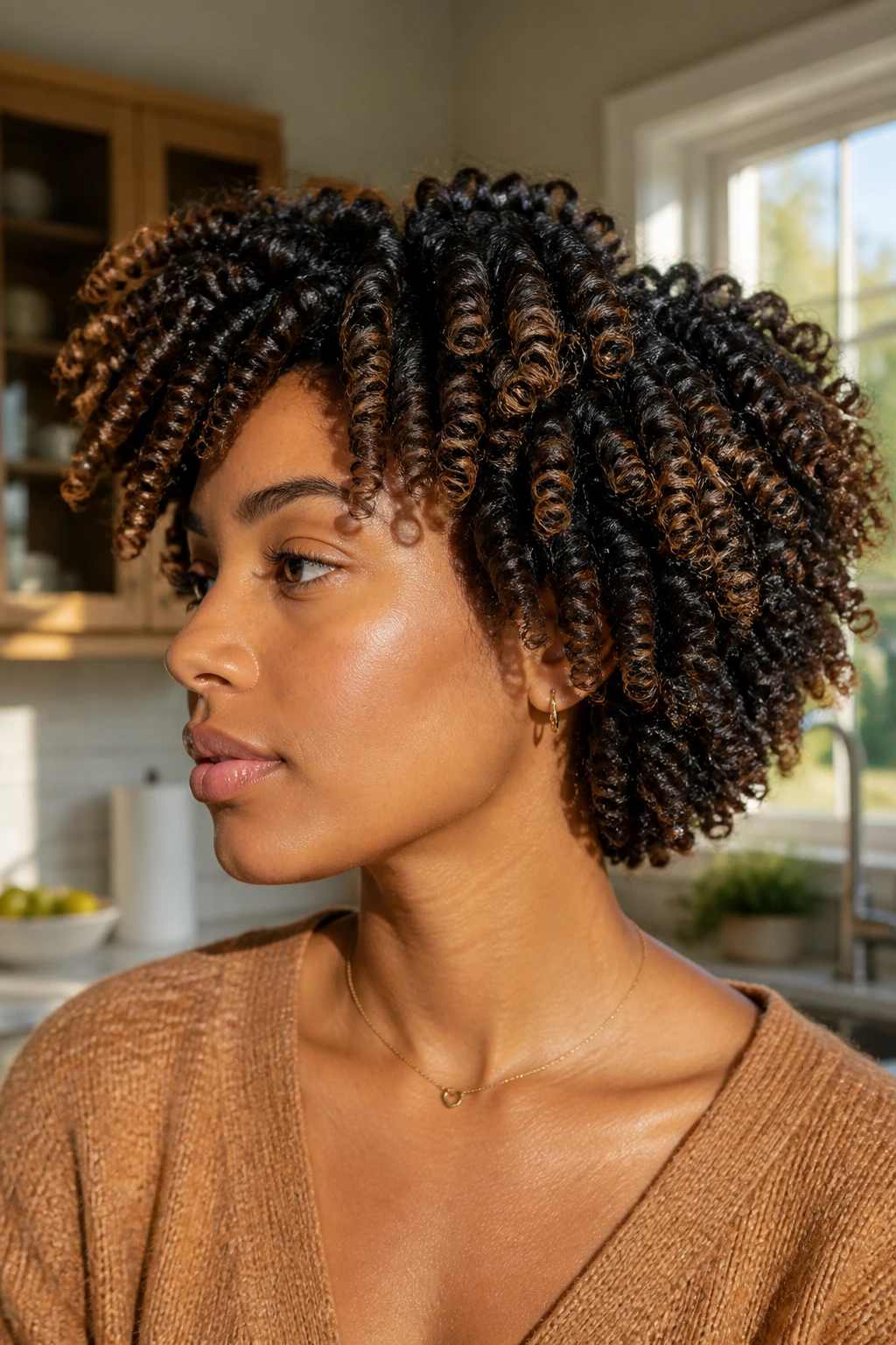 Close-up of a real woman with stretched twist-out crop showing elongated twists.