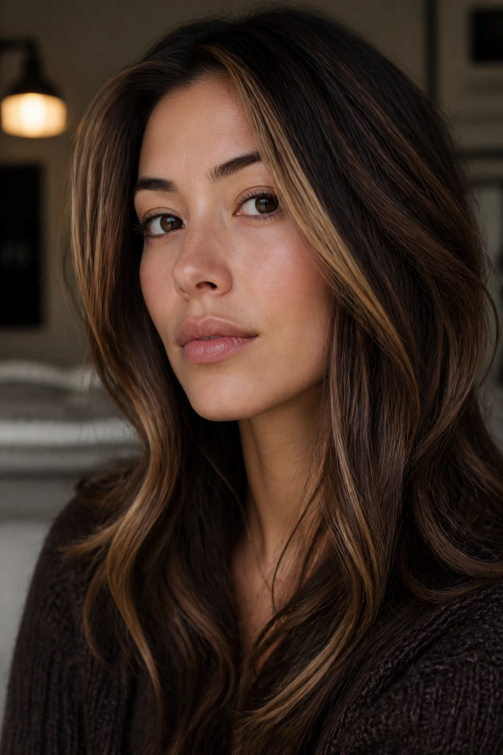 Portrait of a woman with editorial stripe brunette highlights