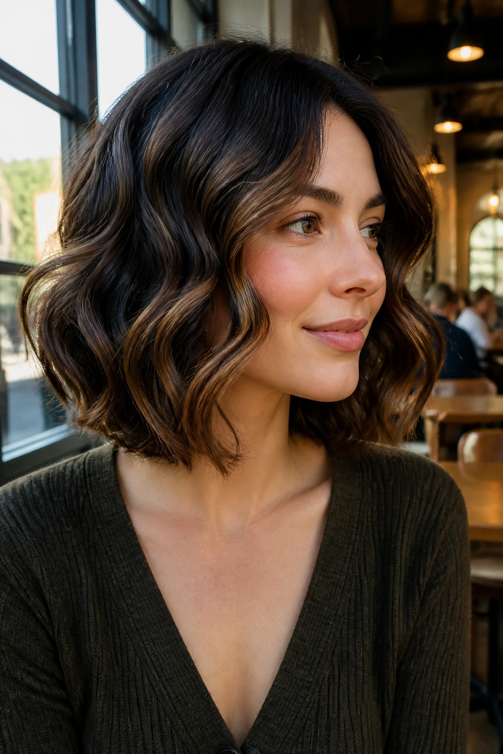 Real woman with structured lob and defined S-waves in natural light.