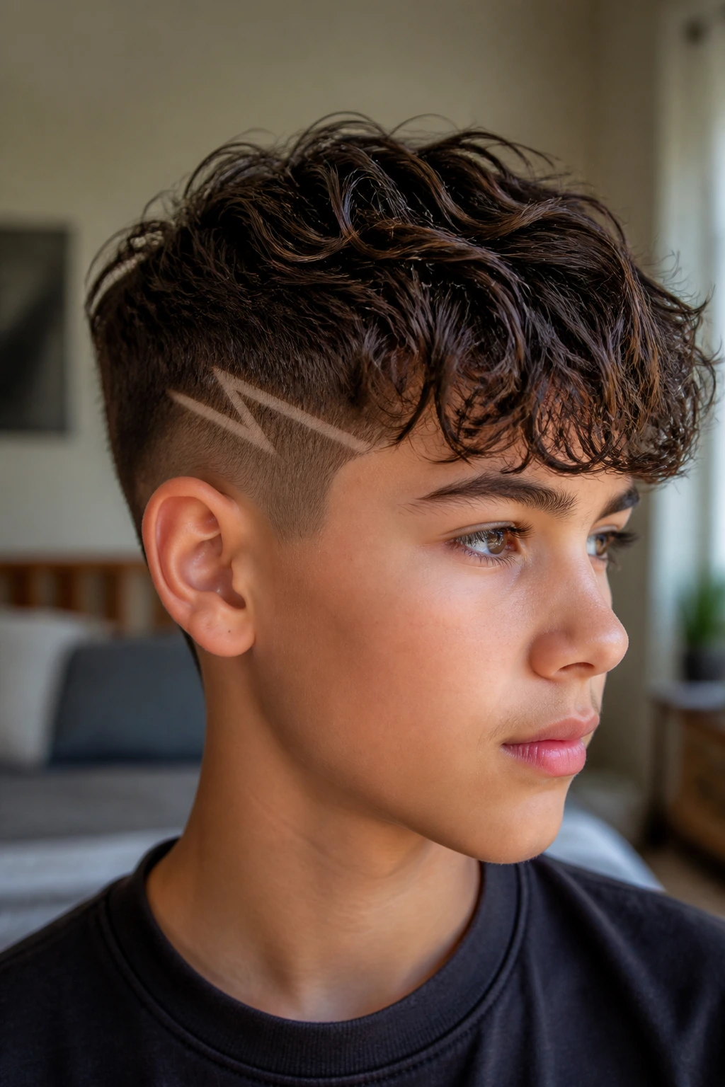 Boy with damp, textured wavy hair styled to keep the bolt visible.