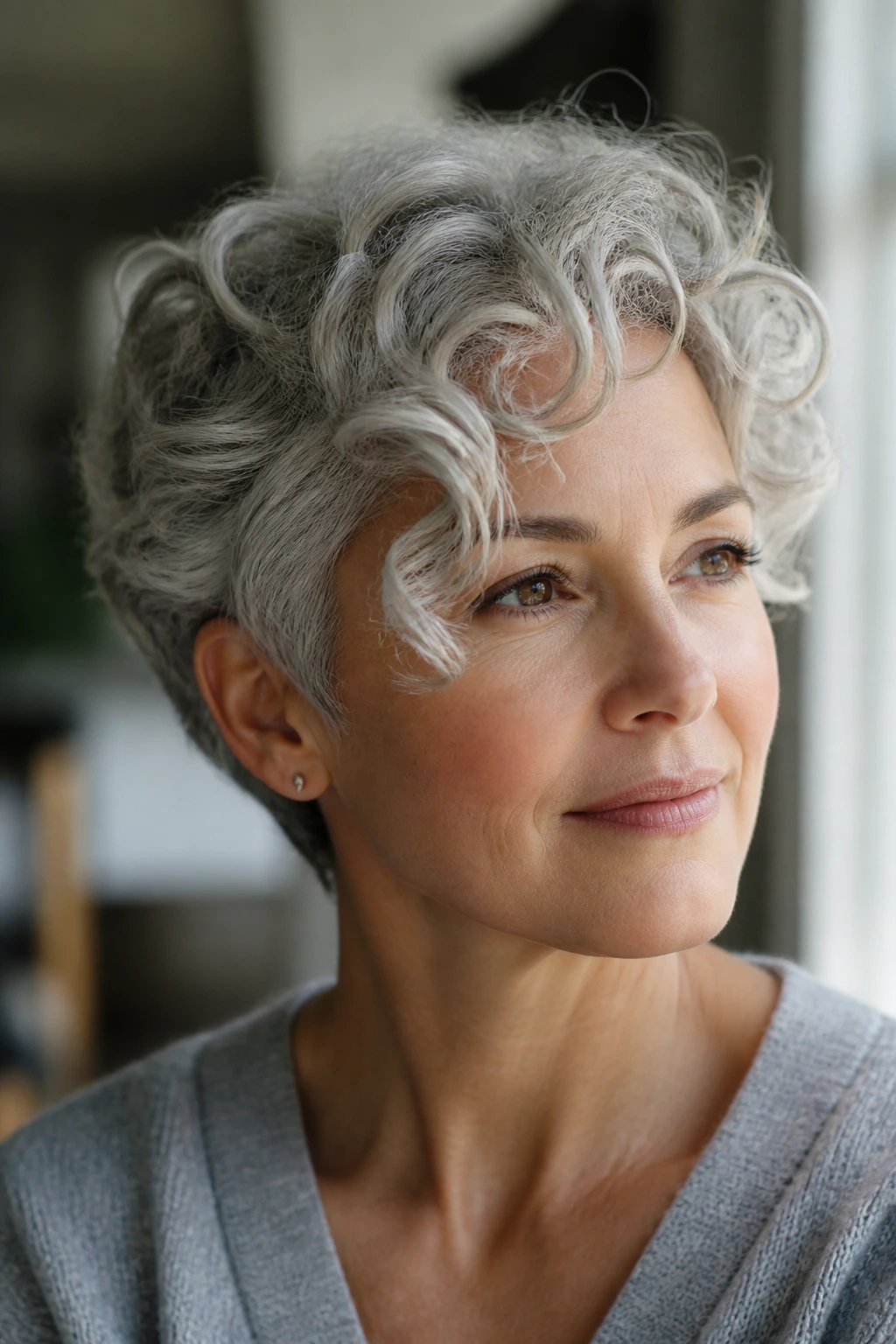 Portrait of a real woman with silver pixie showing defined front layers and root lift