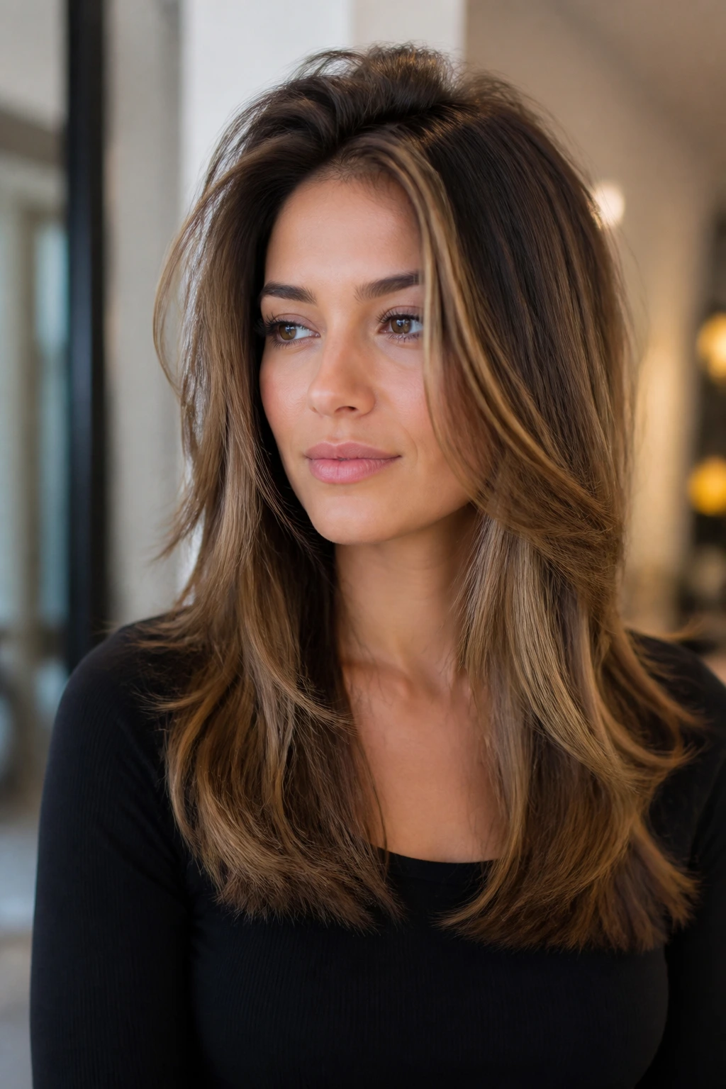 Portrait of a real woman with lifted crown and styled ends demonstrating lift-preserving shaping