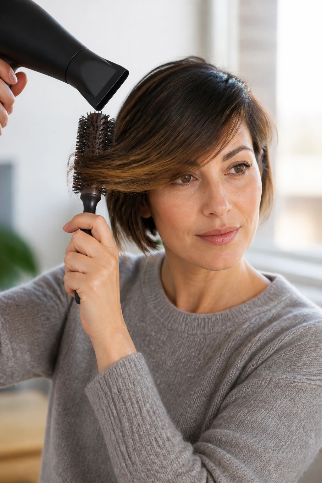 Real woman styling her long side-swept bangs with a round brush