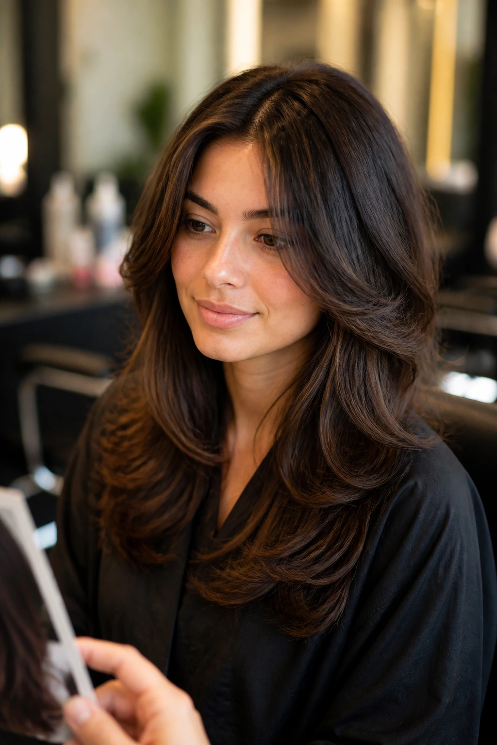 Real woman in a salon chair with face-framing layered hairstyle.