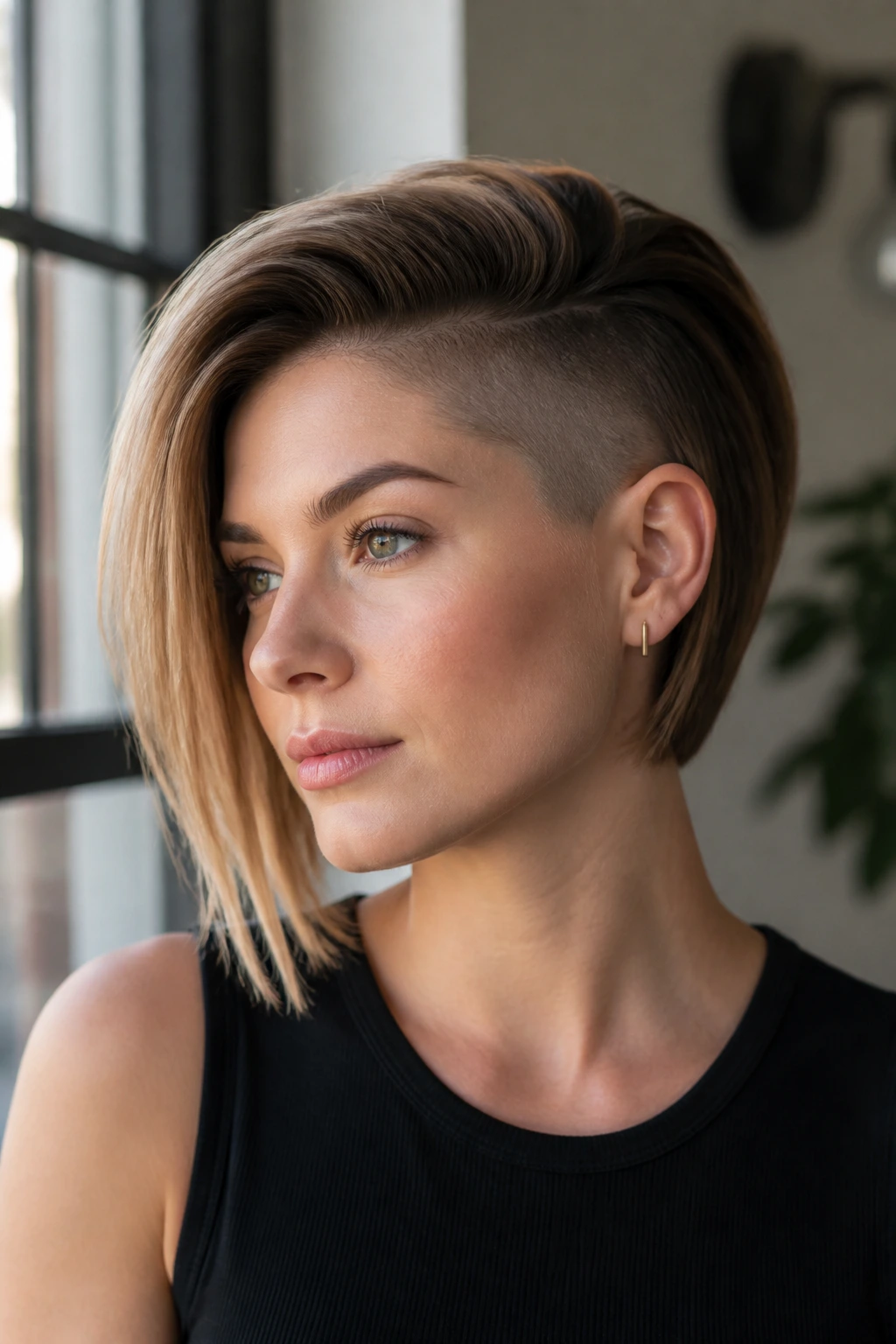 Woman with straight hair showing side-swept front and lifted top