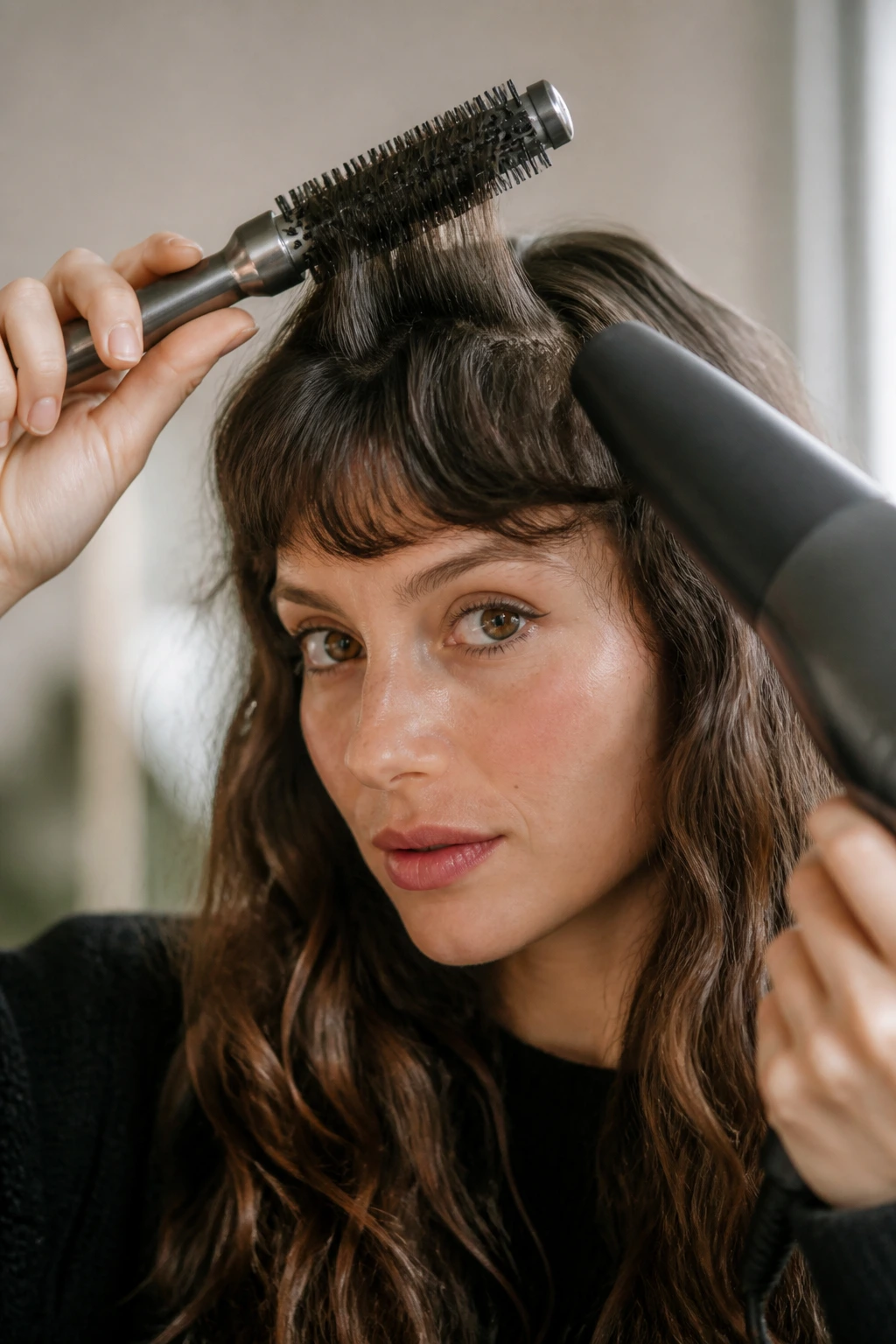 Portrait of a woman styling wavy short bangs without flattening