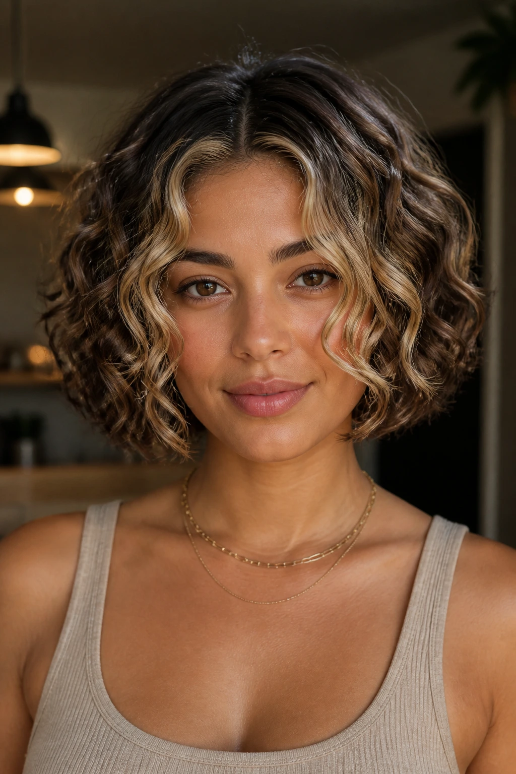 Portrait of a real woman with center-part curly bob wearing a defined finish