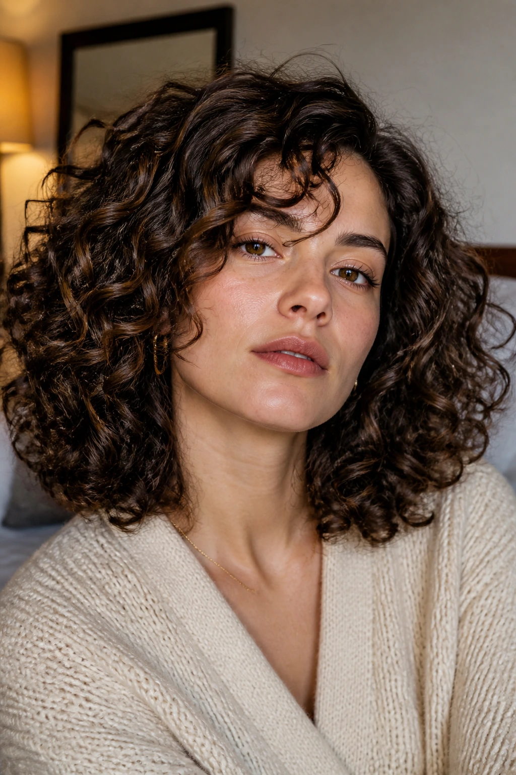 Close-up of a real person with styled thick curls showing a shaped silhouette.