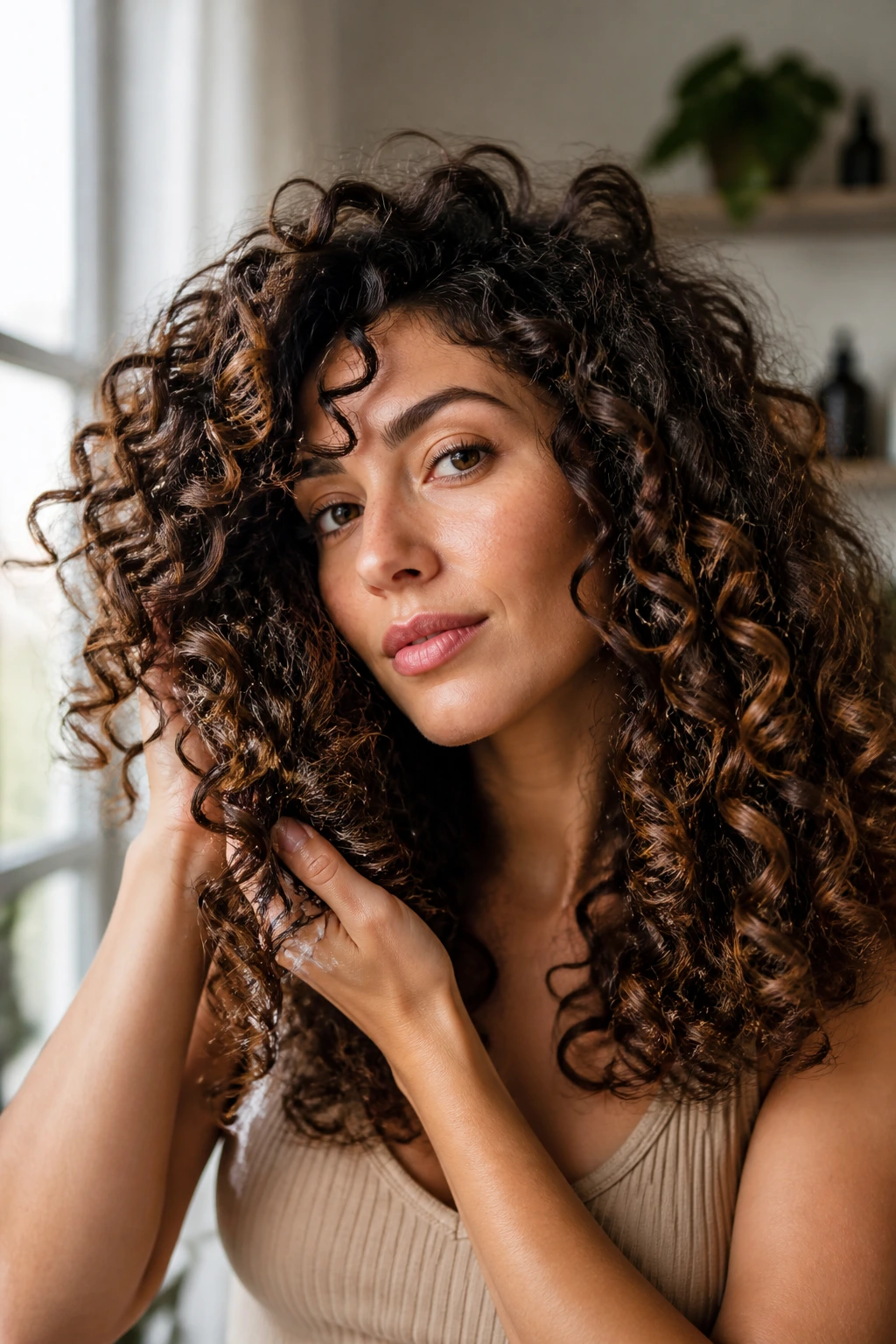 Close-up of a woman with styled curly hair in soft window light