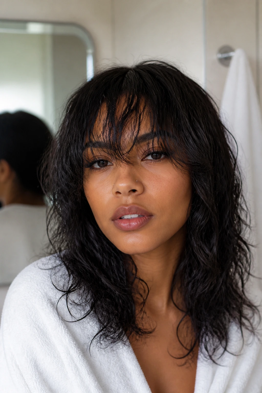Close-up portrait of a real woman with styled layered bangs on wash day