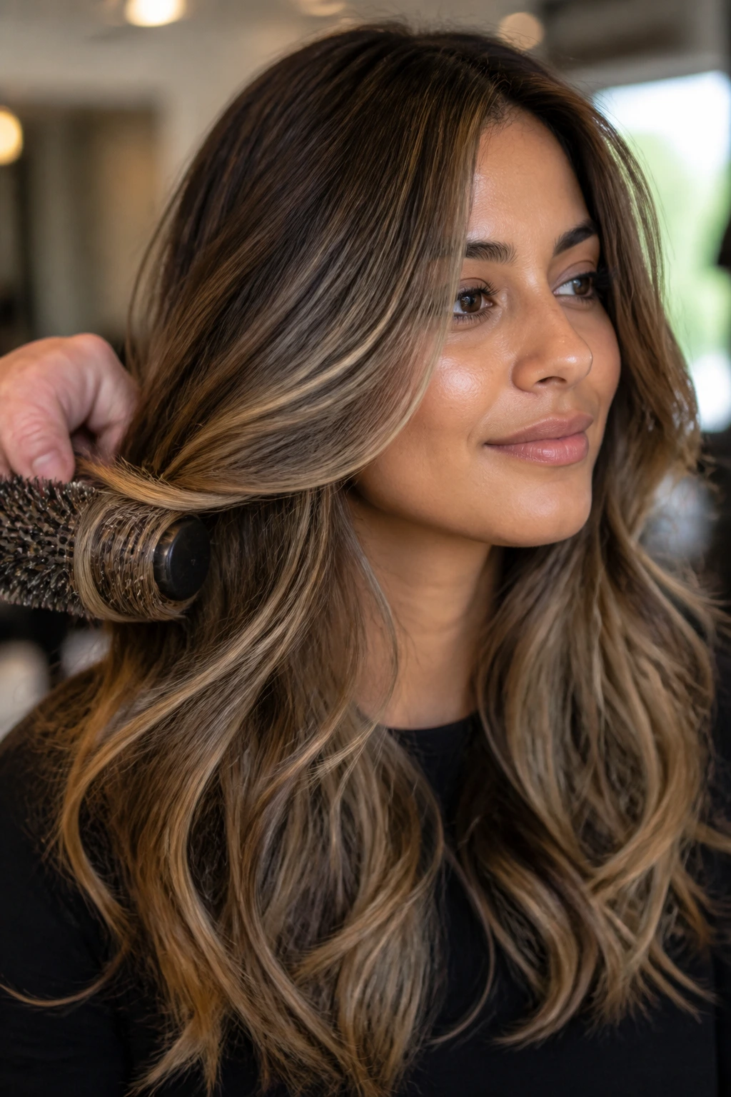 Real person with styled layered waves showing color movement.